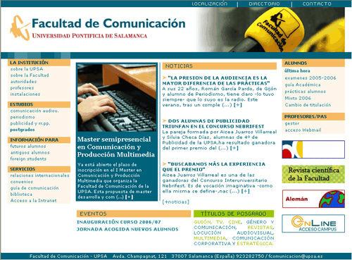 pantallazo de la nueva versión de la web de la Facultad de Comunicación